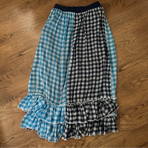 Eva Franco Blue Black Checkered Maxi Skirt medium tiered elastic waist - Picture 2 of 7